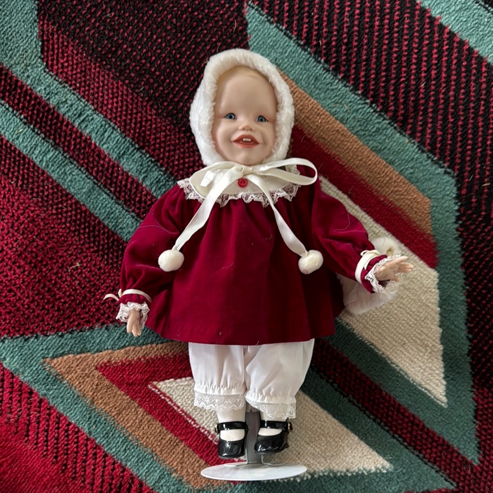 Charming Red and White Doll with Bonnet